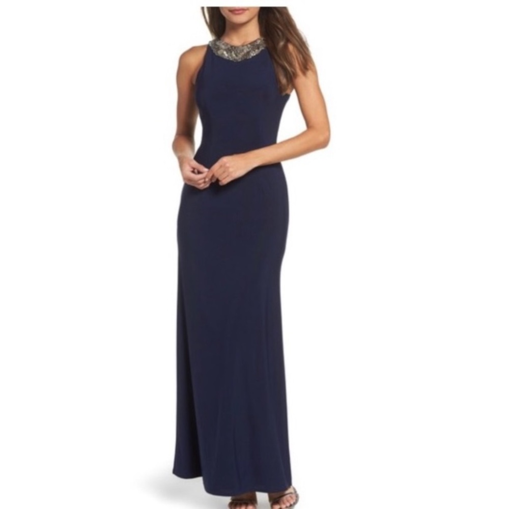 Lulu's Navy Beaded-Neckline Evening Gown - Picture 10 of 16